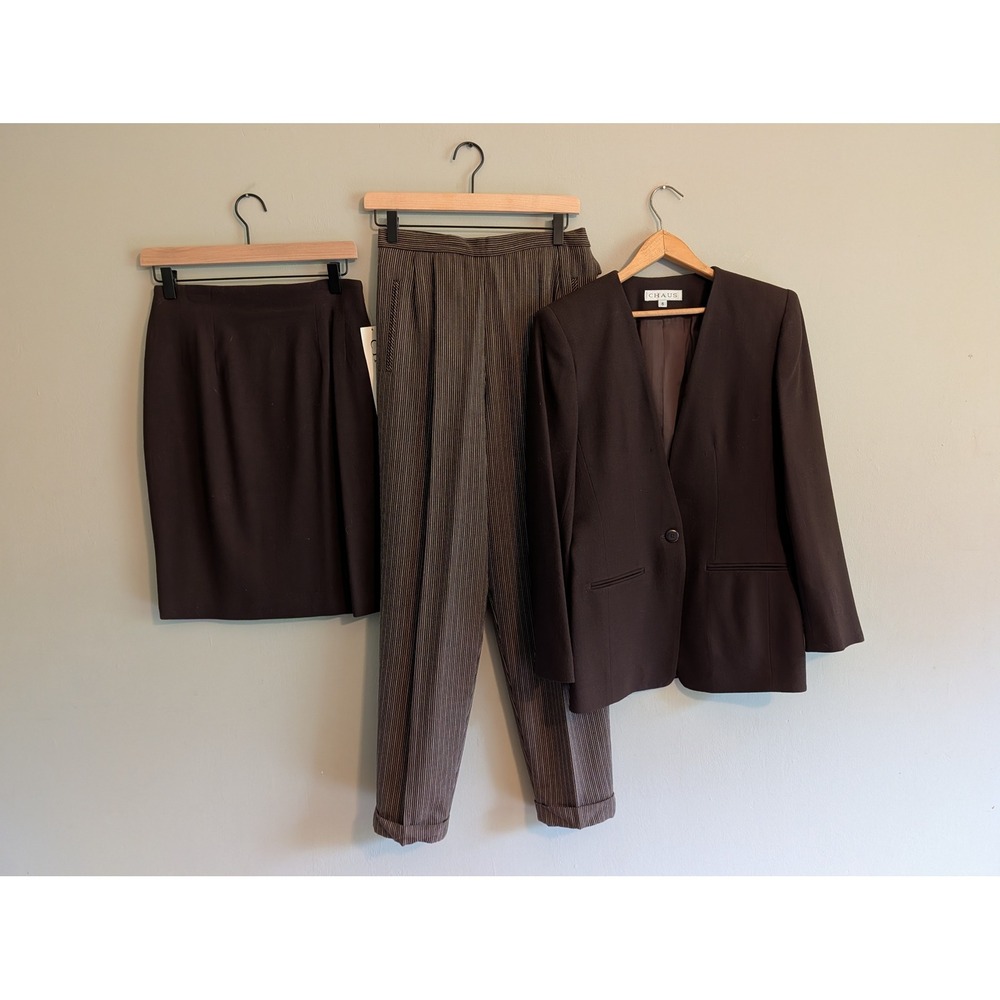Chaus Vintage 3 Piece Suit Set Brown Wool Blazer Pinstripe Pants Skirt Size 6